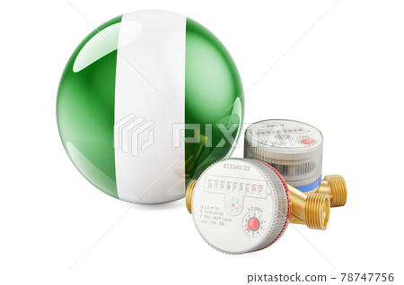 Water consumption in Nigeria. Water meters with Nigerian flag. 3D rendering Water consumption in Nigeria. Water meters with Nigerian flag. 3D rendering 78747756