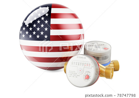 Water consumption in the USA. Water meters with The United States flag. 3D rendering Water consumption in the USA. Water meters with The United States flag. 3D rendering 78747798