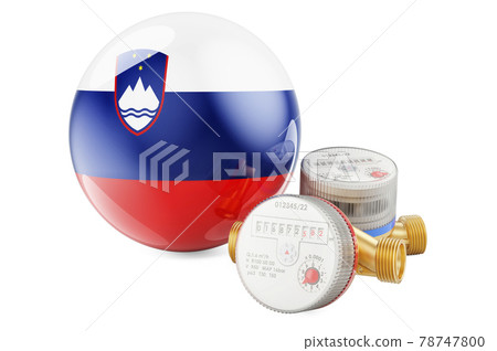 Water consumption in Slovenia. Water meters with Slovenian flag. 3D rendering Water consumption in Slovenia. Water meters with Slovenian flag. 3D rendering 78747800