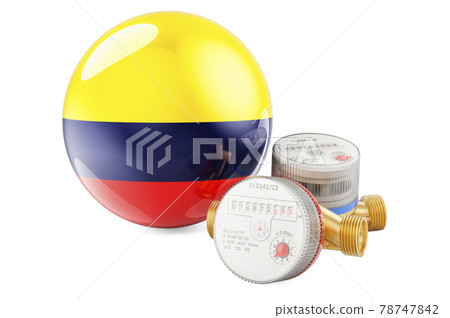 Water consumption in Colombia. Water meters with Colombian flag. 3D rendering Water consumption in Colombia. Water meters with Colombian flag. 3D rendering 78747842