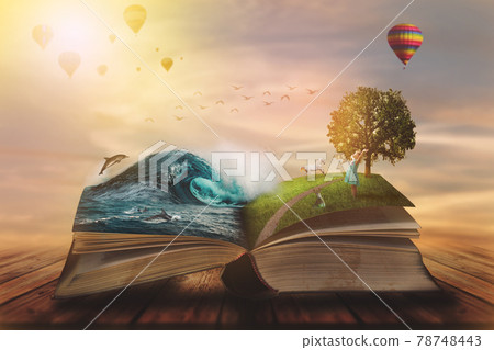 Concept of an open magic book; open pages with water and land and small child. Fantasy, nature or learning concept, with copy space 78748443