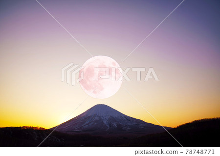Mt. Yotei and full moon in spring Mt. Yotei and full moon in spring 78748771