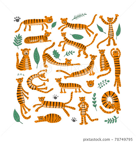 Collection of tigers and tropical leaves for your design Collection of tigers and tropical leaves for your design 78749795
