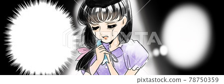 70年代少女漫畫 聚光燈下拿著手帕哭泣的黑髮可愛少女 78750359