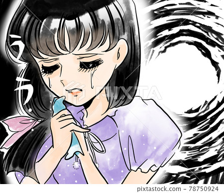 70's Shojo Manga A cute girl with black hair crying while holding a handkerchief under the spotlight 70's Shojo Manga A cute girl with black hair crying while holding a handkerchief under the spotlight 78750924