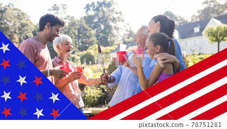 American flag design against caucasian family having a barbecue in the garden 78751281