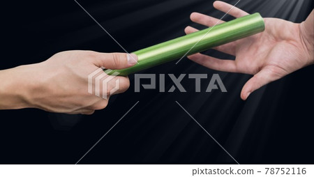 Composition of caucasian athletes passing green relay baton with glowing light 78752116