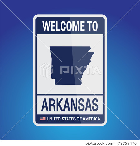 The Sign United states of America with  message, Arkansas and map on Blue Background vector art image illustration. 78755476