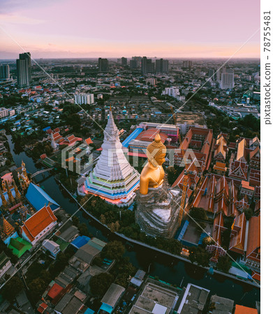 Aerial view of Wat Paknam Bhasicharoen, a temple, pagoda and Buddha statue in Bangkok Thailand Aerial view of Wat Paknam Bhasicharoen, a temple, pagoda and Buddha statue in Bangkok Thailand 78755481