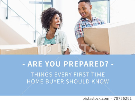 Composition of first time home buyer text in white, with happy couple holding boxes, on blue Composition of first time home buyer text in white, with happy couple holding boxes, on blue 78756291