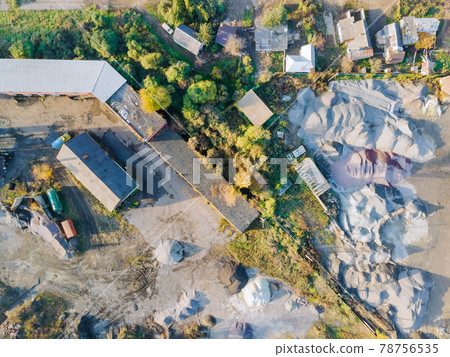 Aerial view factory for the production of reinforced concrete piles for pouring concrete 78756535