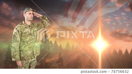 Composition of soldier saluting against sunset and american flag 78756632