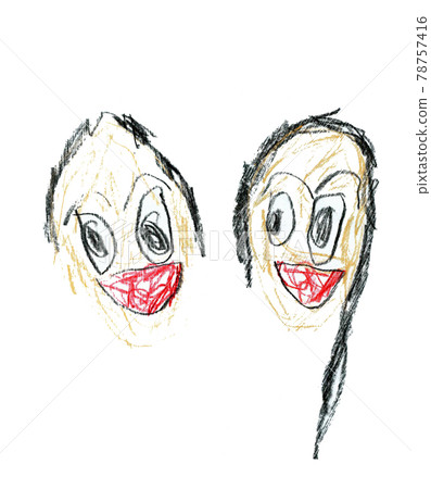Caricatures of father and mother drawn by a 6-year-old child Caricatures of father and mother drawn by a 6-year-old child 78757416
