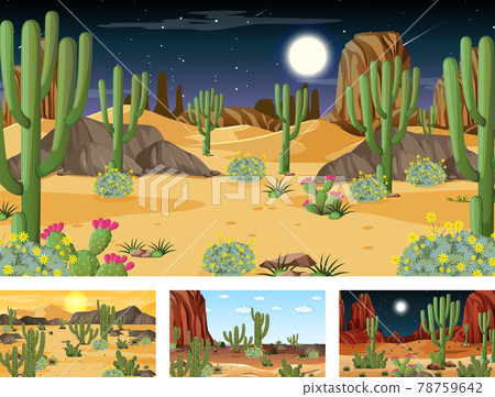 Four different desert forest landscape scenes with various desert plants 78759642