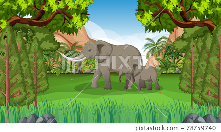 Elephant mom and baby in forest scene Elephant mom and baby in forest scene 78759740