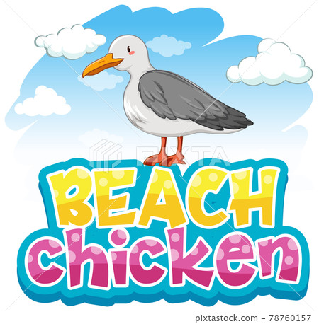 Seagull bird cartoon character with Beach Chicken font banner isolated 78760157