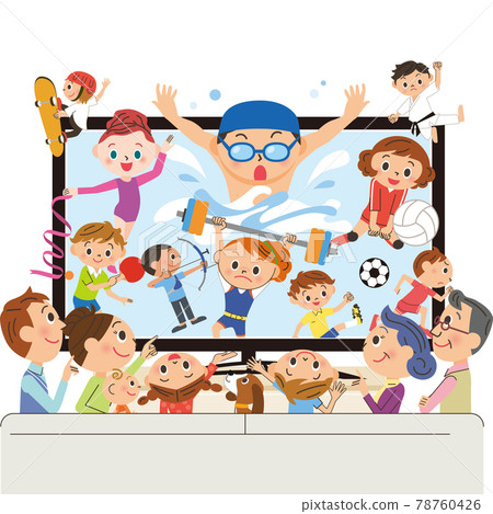 與一家三代人一起在電視上觀看體育賽事 78760426