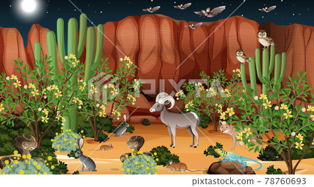Desert forest landscape at night scene with wild animals 78760693