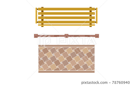 Landscape and Garden Design Elements with Wooden Bench and Flagstone Pavement or Walkway Above View Vector Set 78760940