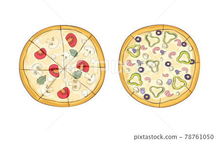 Traditional Italian Pizza of Round Shape with Seafood and Mushrooms Above View Vector Set 78761050