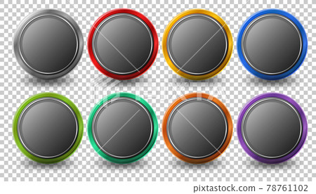 Set of rounded circle button with metal frame isolated on transparent background Set of rounded circle button with metal frame isolated on transparent background 78761102