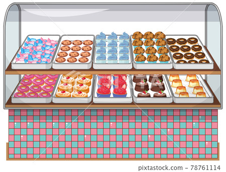 Bakery display stand with cake and sweet on white background 78761114