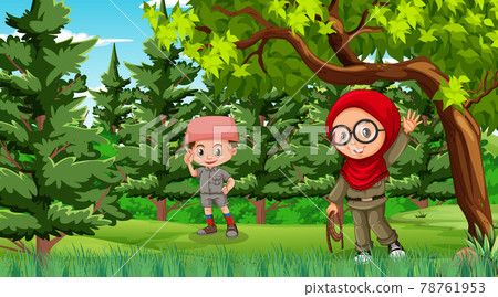 Nature scene with muslim kids exploring in the forest Nature scene with muslim kids exploring in the forest 78761953