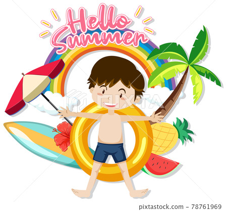 Hello Summer font with a boy and beach items isolated Hello Summer font with a boy and beach items isolated 78761969