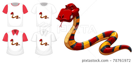 Red snake cartoon character with many types of shirts on white background Red snake cartoon character with many types of shirts on white background 78761972