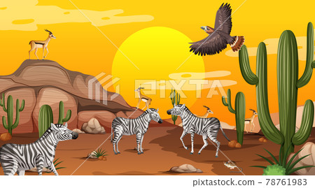 Desert forest landscape at sunset time scene with wild animals 78761983