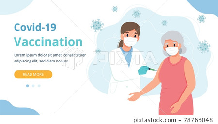 Vaccination for the elderly, senior woman and a doctor with a syringe. Banner webpage template vector illustration in flat cartoon style 78763048