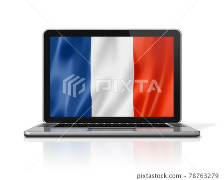 French flag on laptop screen isolated on white. 3D illustration French flag on laptop screen isolated on white. 3D illustration 78763279