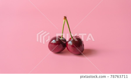 兩顆香甜鮮美的紅櫻桃由樹枝相連。 78763711
