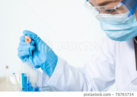 Medical scientists released a sample pipette into a test tube to analyze the virus in a chemical laboratory. Scientific research concepts Medical scientists released a sample pipette into a test tube to analyze the virus in a chemical laboratory. Scientific research concepts 78763734