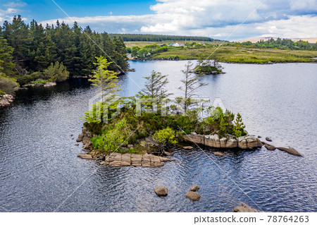 Aerial view of island in Lough Craghy, Tully Lake - Part of the Dungloe systen 78764263