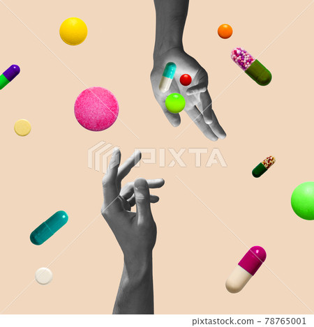 Pastel background. The abstract hand and falling tablets and pills. Artwork or creative collage with isolated elements. 78765001