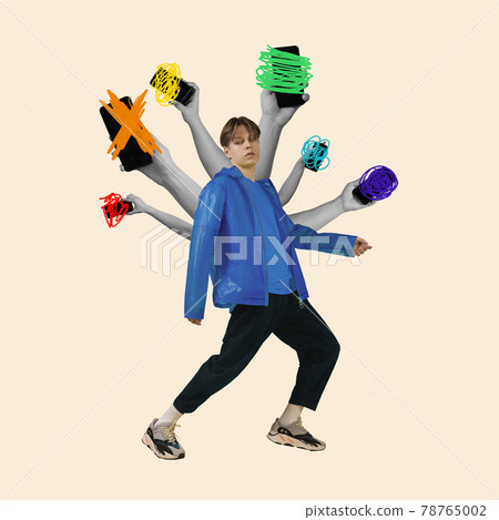 Modern design, contemporary art collage. Inspiration, idea, trendy urban magazine style. Boy on bright background 78765002
