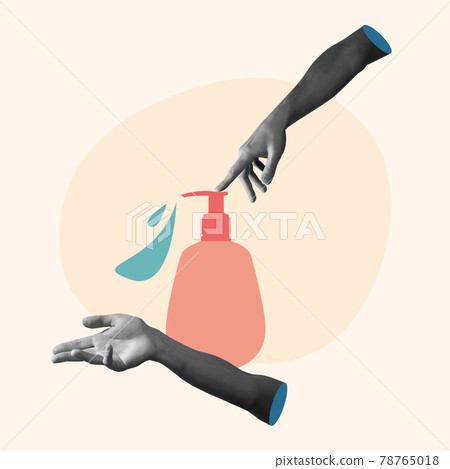Hand sanitizer and abstract male hand in trendy style. Covid-19. 78765018