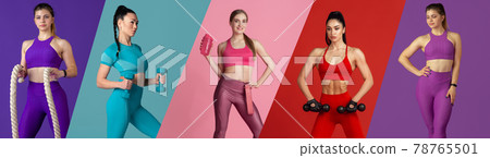 Sport collage of young fit woman standing and posing over color studio background in profile. 78765501