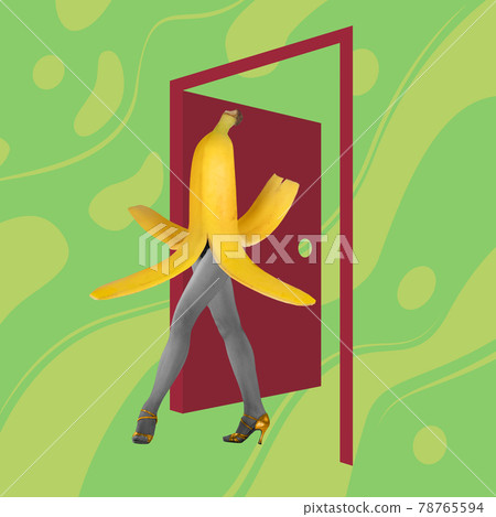 Sweet taste. Female body covered in banana on abstract color summer background. Copyspace to text. Modern design. Sweet taste. Female body covered in banana on abstract color summer background. Copyspace to text. Modern design. 78765594