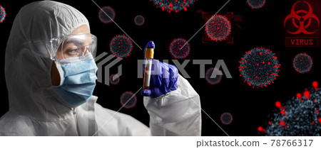 scientist in protective mask with test tube scientist in protective mask with test tube 78766317