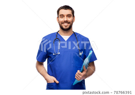 smiling doctor or male nurse with folder 78766391
