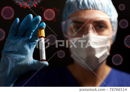 doctor holding beaker with virus blood test doctor holding beaker with virus blood test 78766514