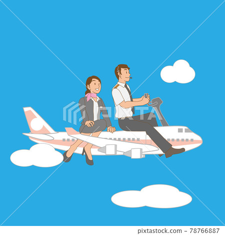 Pilots and flight attendants on an airplane traveling in the blue sky 78766887