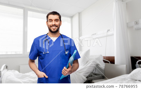 smiling doctor or male nurse with folder 78766955