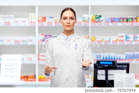 doctor with medicine and water at pharmacy doctor with medicine and water at pharmacy 78767054