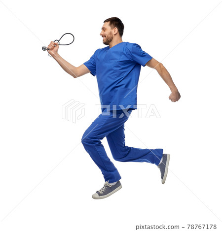 doctor or male nurse with stethoscope jumping 78767178