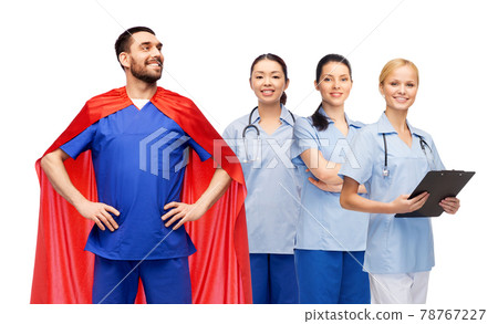 male doctor in superhero cape and female nurses 78767227