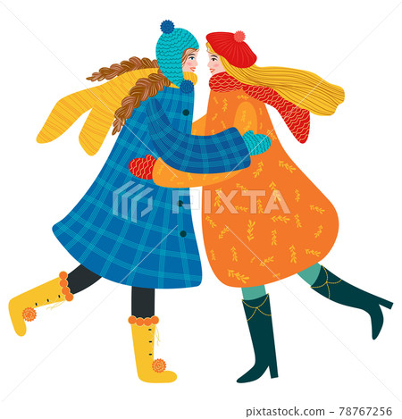 Happy meeting of two friends hugging after quarantine, covid-19, long separation. Hand drawn style design illustrations. Happy smiling woman enjoying friendship Happy meeting of two friends hugging after quarantine, covid-19, long separation. Hand drawn style design illustrations. Happy smiling woman enjoying friendship 78767256