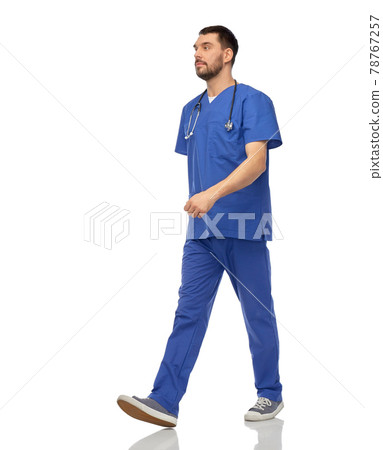 doctor or male nurse with stethoscope walking doctor or male nurse with stethoscope walking 78767257